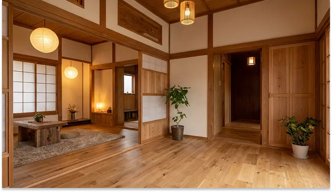  無垢材の床と真新しい木枠が、温かく柔らかな光を反射する心地よい和モダン空間